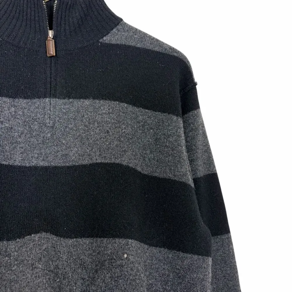 J. Crew Sweater Size Large Black Gray Striped 1/4 Zip 100% Lambswool 